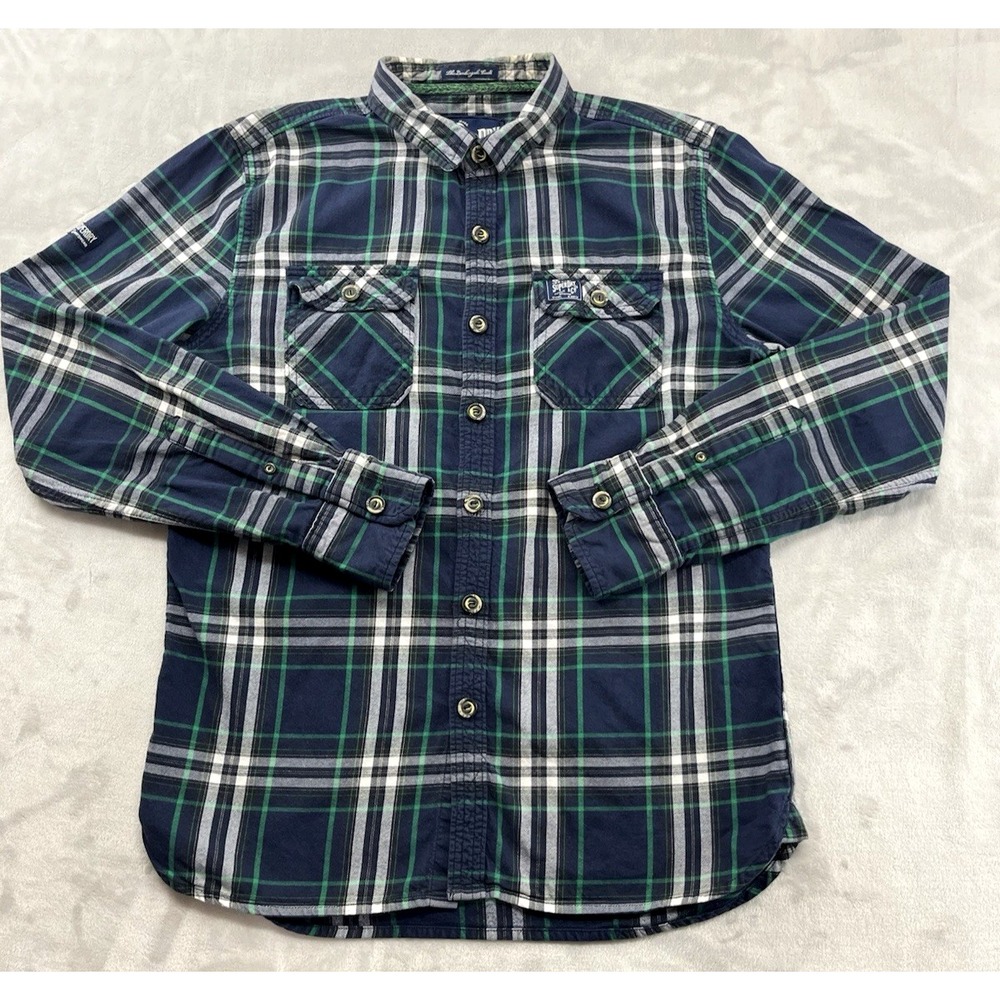 Superdry Shirt Men Large Navy Plaid The Lumberjack Twill 2 Chest Pockets Outdoor